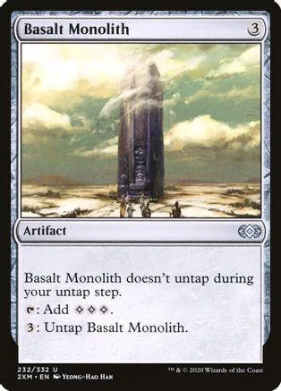 Black monolith structure in a desolate landscape on a Magic: The Gathering card.