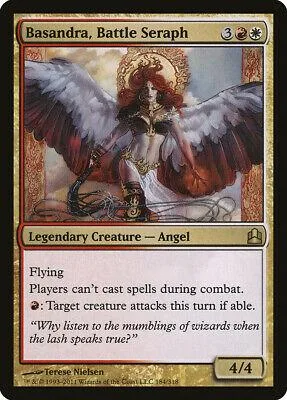 Winged angel creature card, red and white, with black text box.
