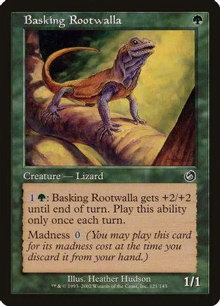Brown lizard creature card on green and brown background.