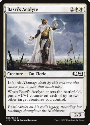 Cat cleric figure in white robe stands in a field. Card art.
