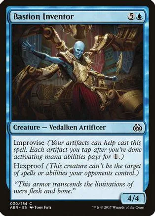 Blue and gold armored figure in dramatic fantasy art on a Magic: The Gathering card.