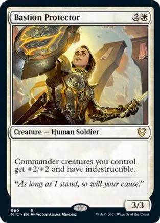 Gold-armored human soldier card art, Bastion Protector, black and gold design.