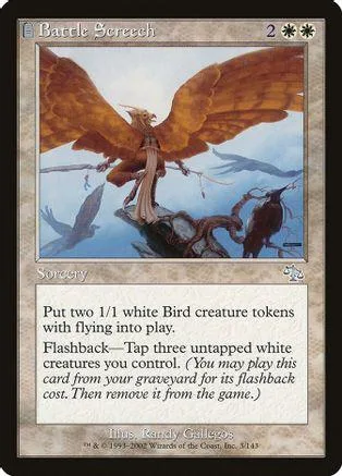Orange winged creature flies over blue landscape on a Magic: The Gathering card.