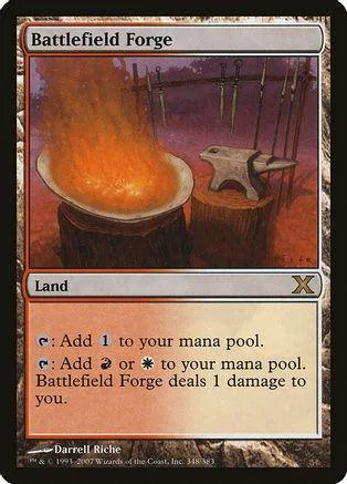 Battlefield Forge land card art shows fire over wooden stumps.