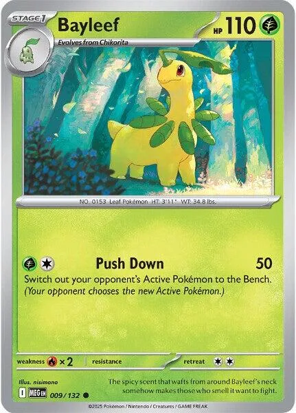 Yellow Pokémon card, Bayleef, featuring a leafy creature in a forest setting.