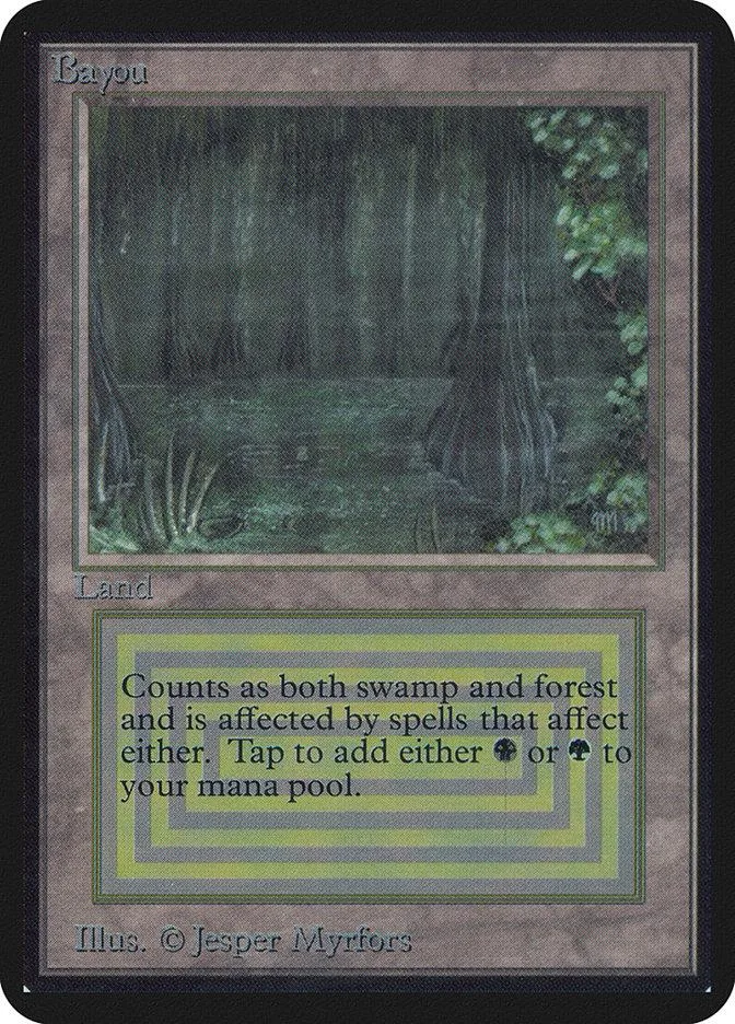 Magic: The Gathering "Bayou" land card, swamp/forest art, standard card frame.