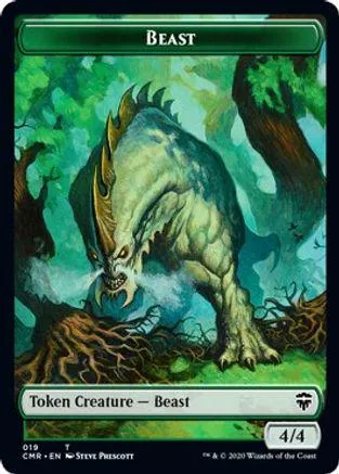 Greenish-blue dinosaur creature card art, Beast token, 4/4 stats.