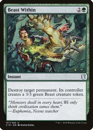 Green beast creature art card, "Beast Within," with text box and mana symbols.