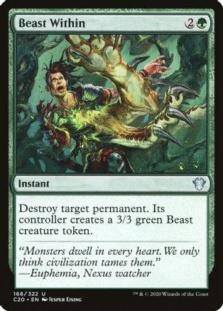 Green beast creature with man in dark forest, on a Magic: The Gathering card.