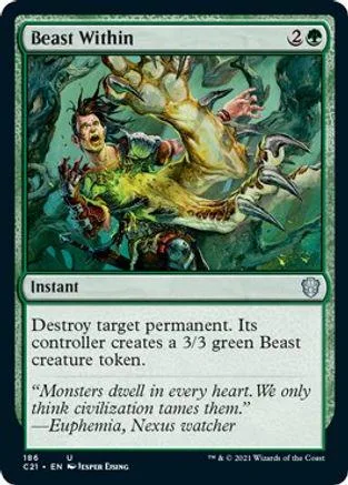 Green beast creature art card, "Beast Within," instant spell, dark forest scene.