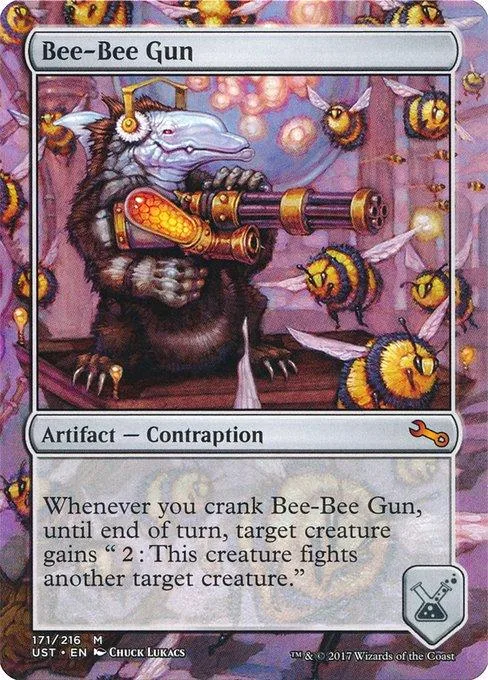 Card art: furry creature holding a large, brass-colored contraption.