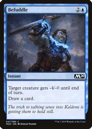 Blue and black card art of a warrior wielding a glowing sword. Befuddle instant spell.
