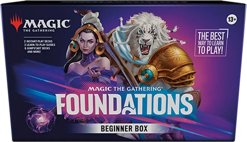 Magic: The Gathering Foundations Beginner Box featuring fantasy art and purple/blue design.