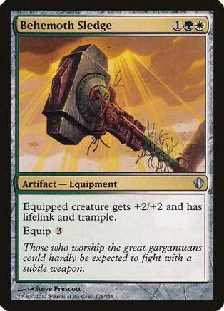 Behemoth Sledge Magic: The Gathering card, large axe, gold and brown tones.