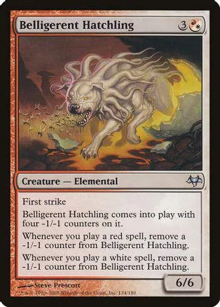 White and grey elemental creature card, "Belligerent Hatchling," in standard trading card frame.