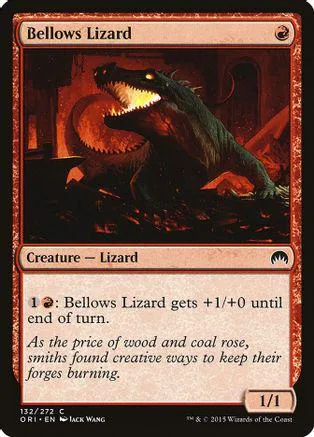 Dark lizard creature card with sharp teeth, set against a fiery, dark background.
