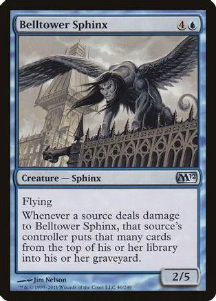 Dark winged sphinx creature on a city skyline, black and gray tones.
