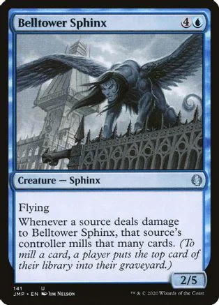 Dark winged sphinx creature card with blue and black accents.