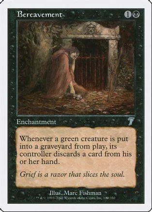 Dark forest scene with figure near a stone archway. Green card art.