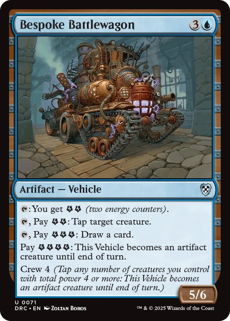 Card art of a steampunk tank on a stone path. Blue and brown tones.