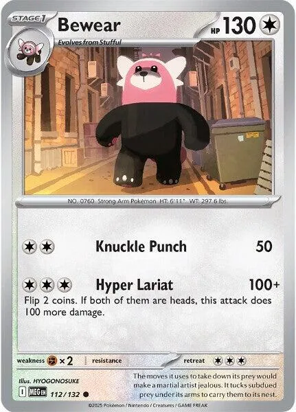 Black and pink Pokémon card featuring a bear-like creature, "Bewear.