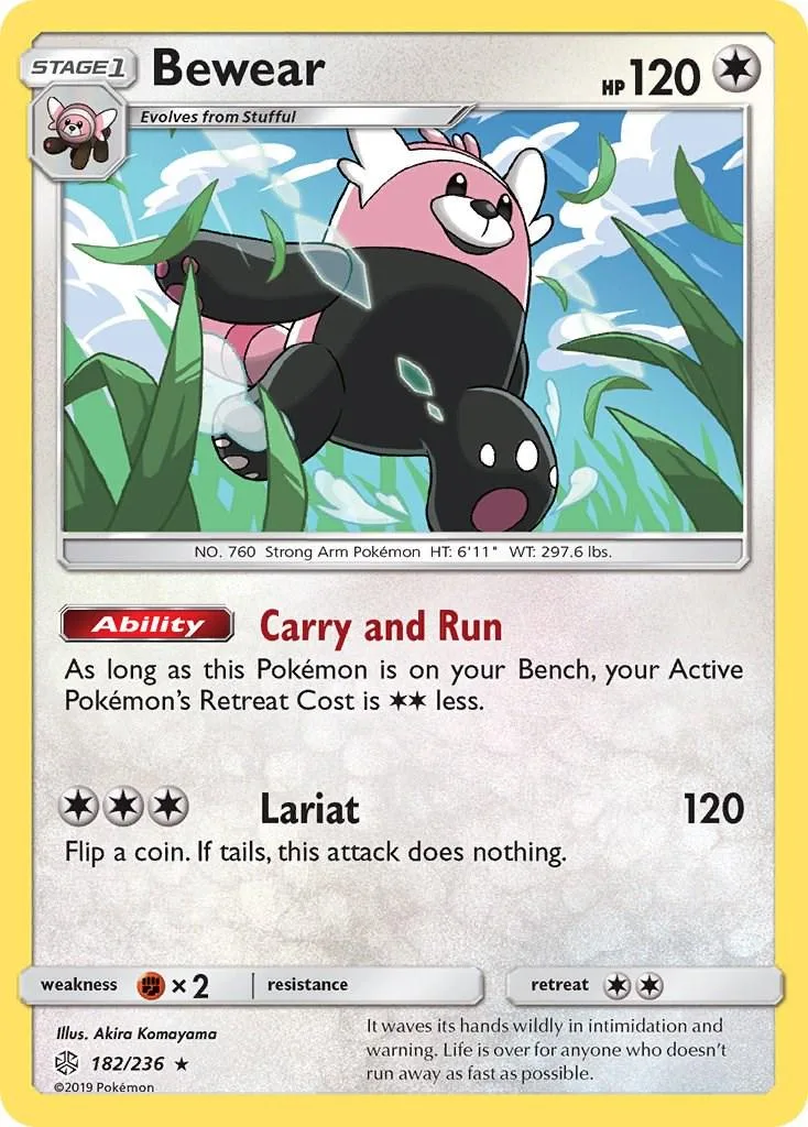 Pink and black Pokémon card, Stage 1 Bewear, HP 120, with ability and attacks.