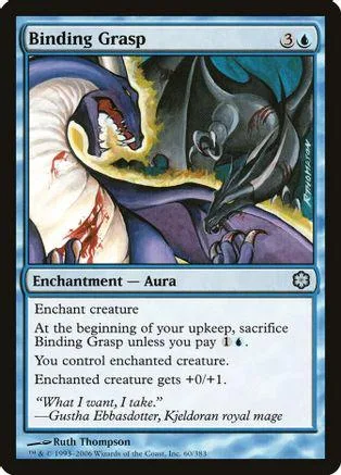 Blue and black dragon creature art card, "Binding Grasp," enchantment.