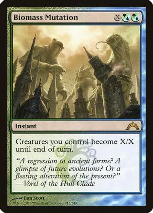 Green and blue Magic: The Gathering card, Biomass Mutation, showing ancient, monstrous figures.