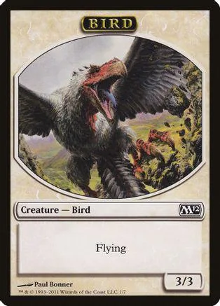 Large, dark bird creature with open beak on a fantasy landscape card.