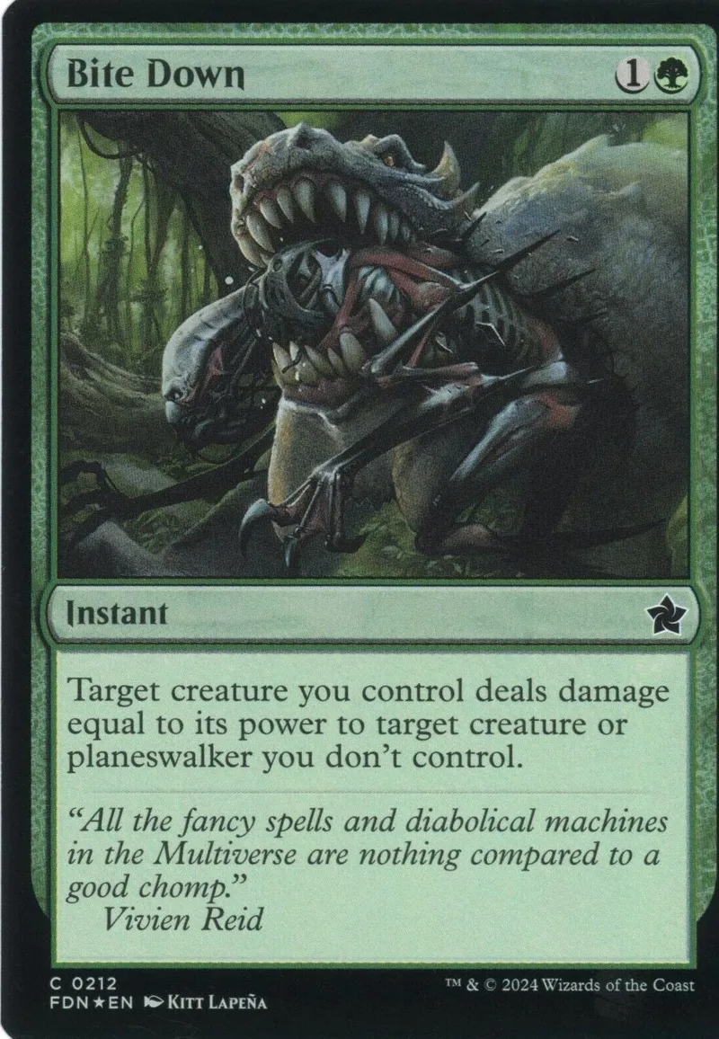 Green dragon creature card art, Bite Down, instant spell.