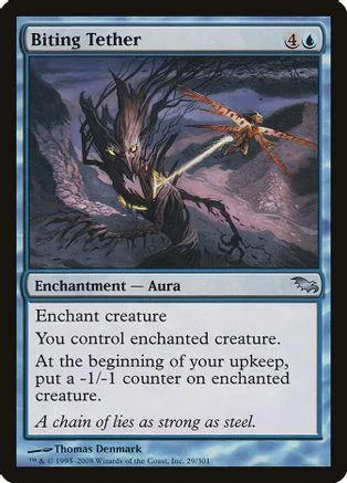 Dark, thorny tree creature attacks with glowing energy on a blue-toned card.