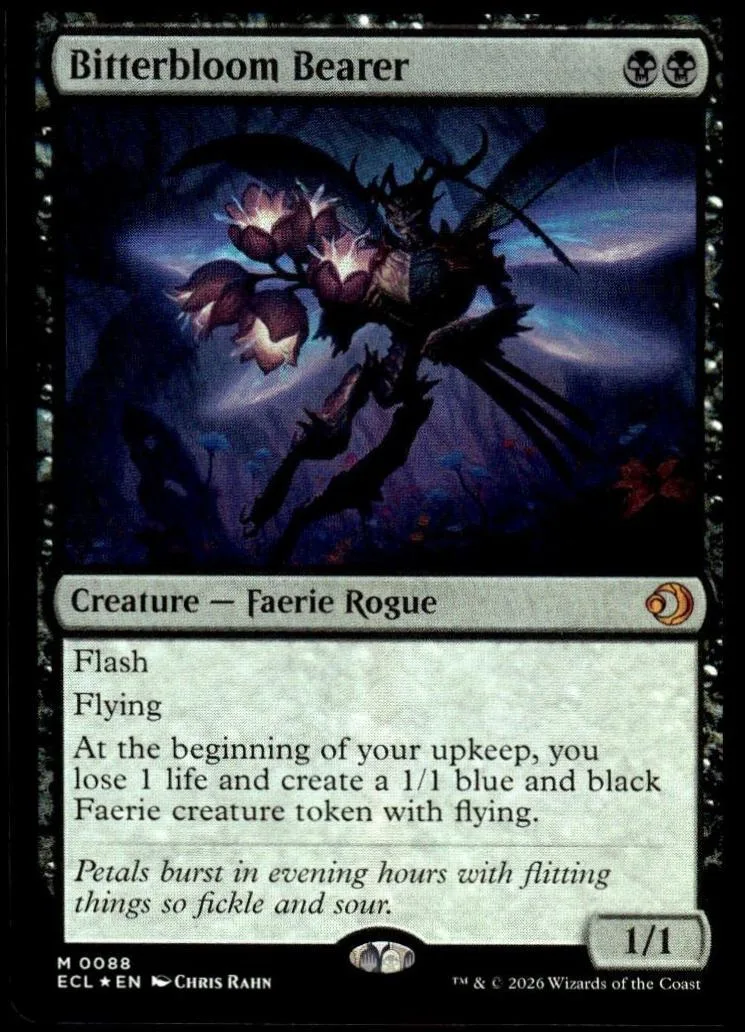 Dark, winged creature on a purple background. Magic: The Gathering card.