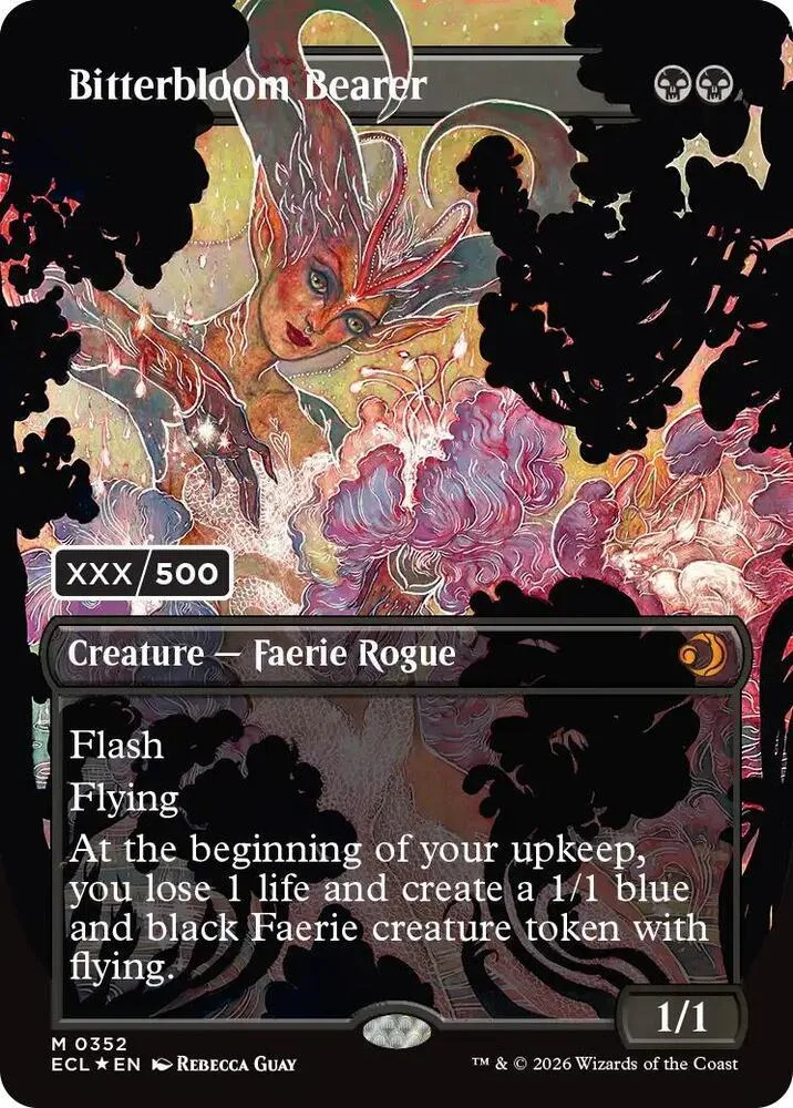 Bitterblossom Bearer Magic card, vibrant pink and orange art, black frame.