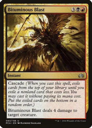 Dark, chaotic creature art on a black and gold card titled "Bituminous Blast.