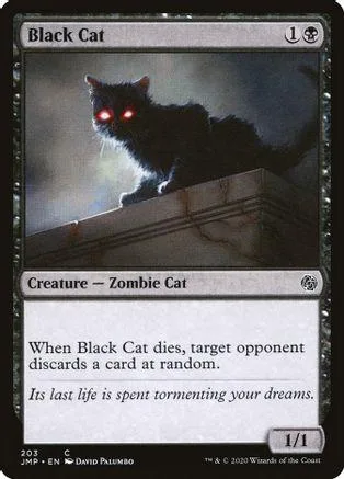 Black cat creature card with glowing red eyes on a dark background.