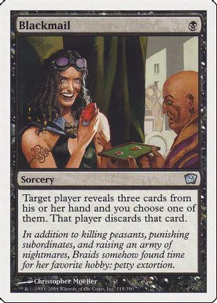 Woman with dark hair holds red object, next to bald man. Blackmail card.