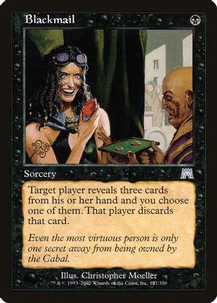 Woman with dark hair and glasses holds a card, facing a man. Blackmail card.
