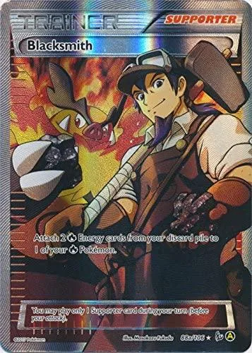 Blacksmith trainer card art featuring a man with a hat and brown outfit.