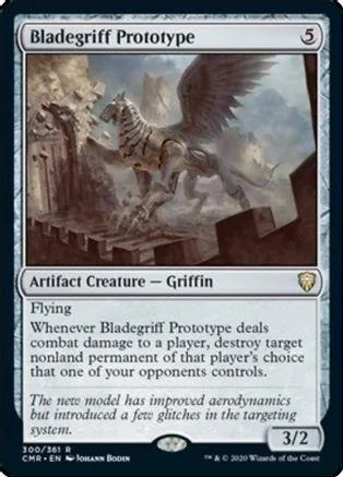 Prototype card art shows a winged griffin over ruins. Black and white card frame.