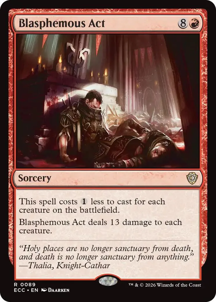 Dark fantasy art on a Magic: The Gathering card, "Blasphemous Act.