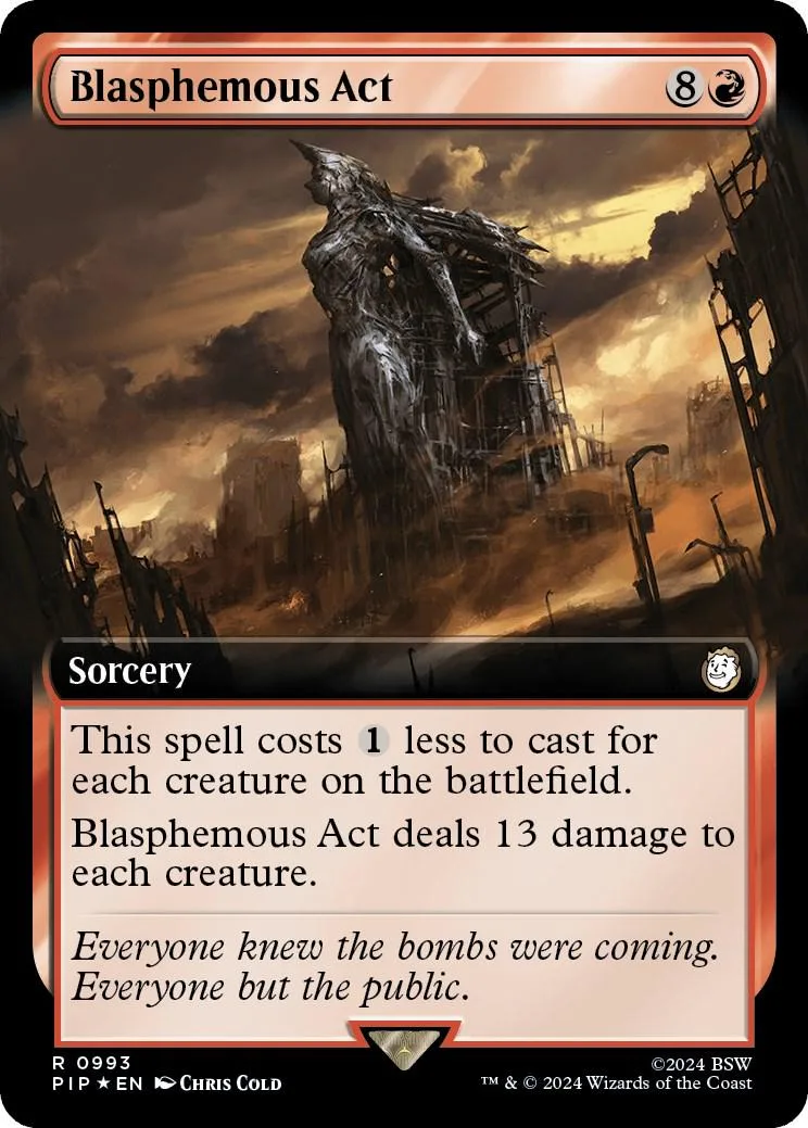 Dark, ruined structure in a stormy landscape on a Magic: The Gathering card.