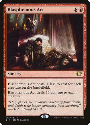 Dark fantasy scene on Magic: The Gathering card, "Blasphemous Act.