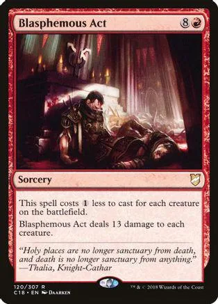 Dark, dramatic scene on a Magic: The Gathering card, "Blasphemous Act.