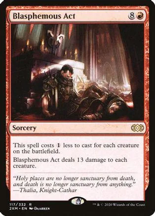 Dark scene with figures in a room. Black and red card art.