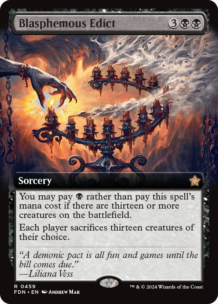 Black and orange card art depicts a dark, fiery scene with a skeletal structure.