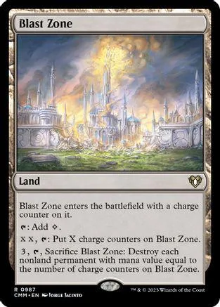 Magic: The Gathering land card, Blast Zone, depicting a fiery, ruined cityscape.