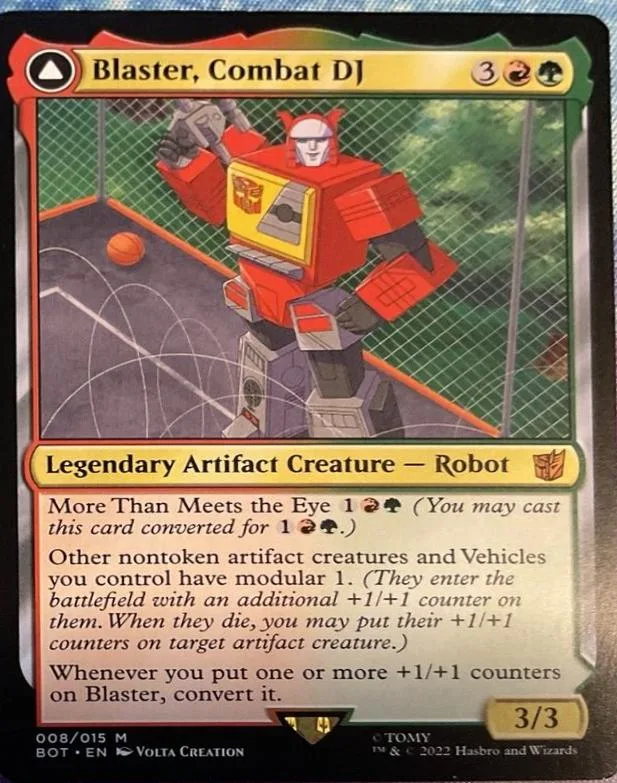 Red and grey robot monster card, "Blaster, Combat DJ," in a standard trading card frame.