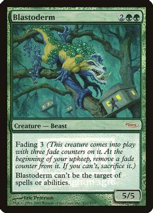 Blue and green beast creature card with tree setting and text box.