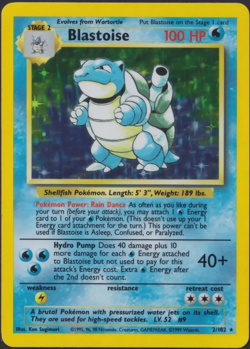 Blue and white Blastoise Pokémon card, 100 HP, with green background.