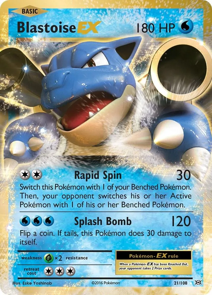 Blue and white Blastoise EX Pokémon card with attack details and HP.